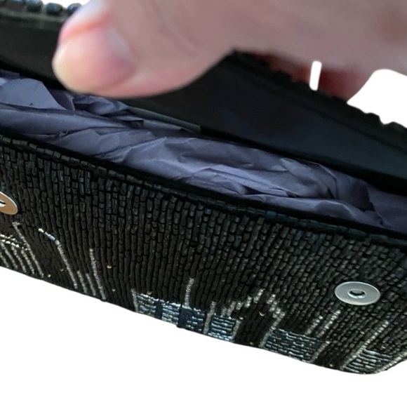 From India to You Hand Beaded NYC Skyline Shoulder Purse, Black, Gold & Silver.
